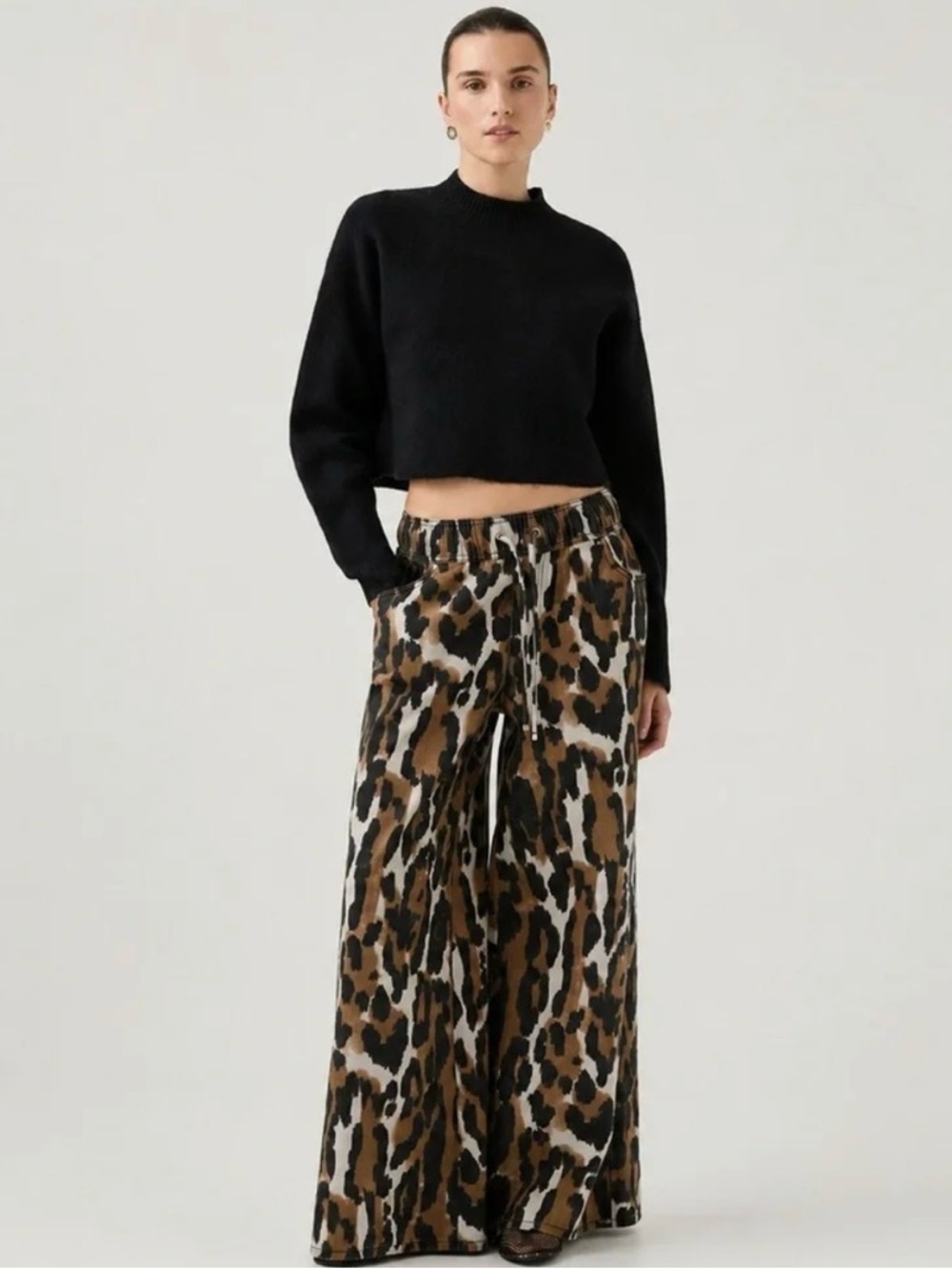 Leopard Print Wide Leg Jeans - Brown/Black